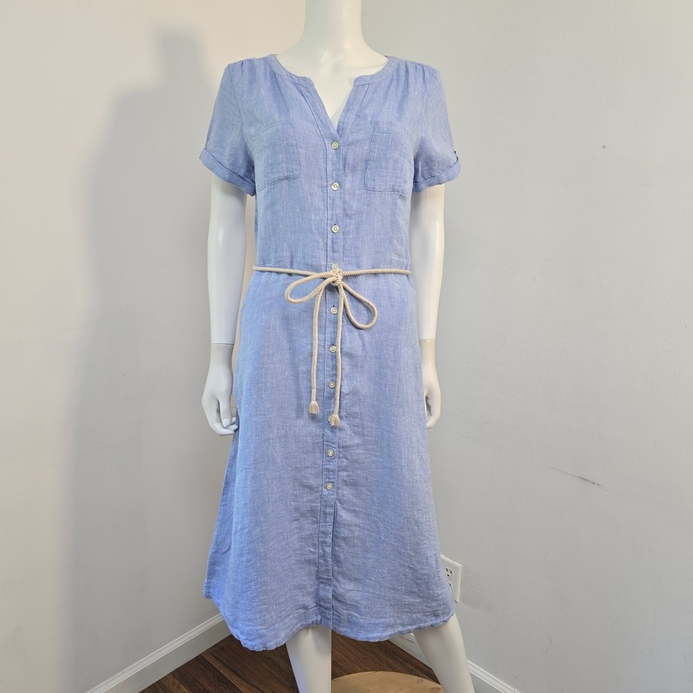Talbots Womens 100% Linen Shirtdress Dress Midi Blue Rope Belted Size 12P NWT